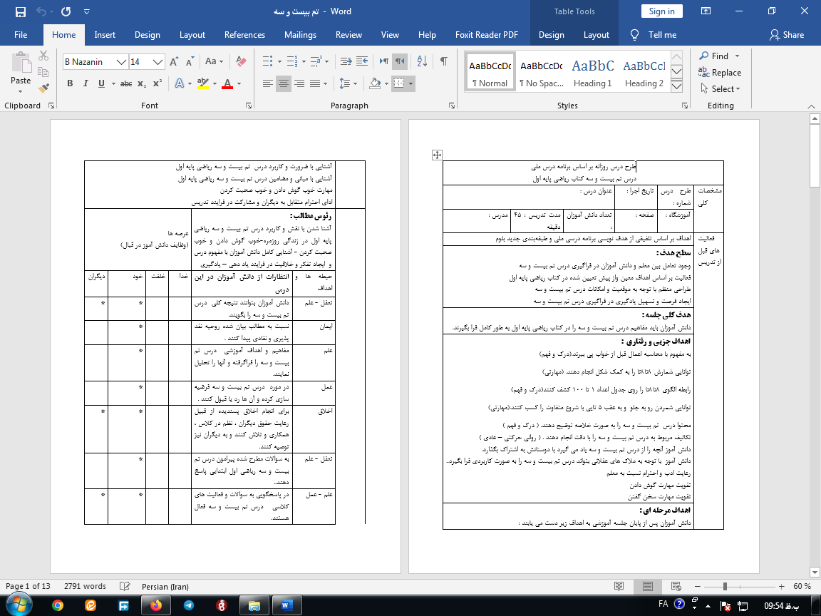 طرح درس روزانه ریاضی اول ابتدایی (تم 23)